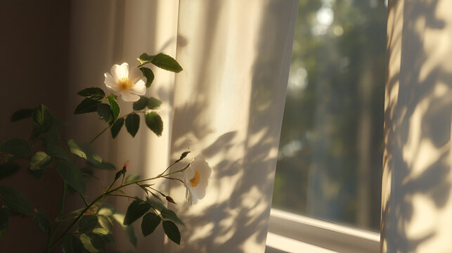 White roses in soft light bloom near a sunlit window with light filtering through translucent curtains.
