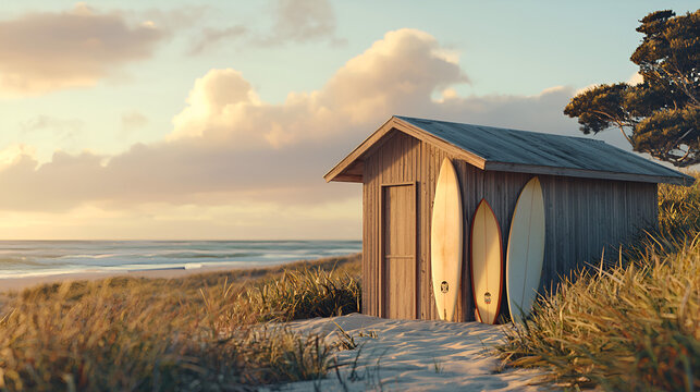Beach shack with surfboards leaning against it at sunset, with tall grass and ocean in the background. - Powered by Adobe
