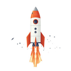 Colorful Cartoon Rocket Launching into Space with Flames and Stars, Symbolizing Adventure, Exploration, and Innovation in a Fun Design Style