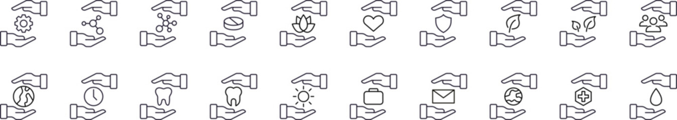 Gift, Charity, Present Outline Simple Icons Bundle. Contains Icons of Globe, Mail, Heart, Nature between Hands for Graphics, Concept, Apps