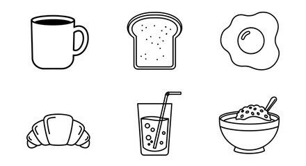 Obraz premium Outline drawing of breakfast food items including coffee toast egg juice cereal and croissant aligned