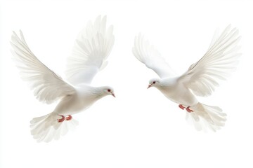 Fototapeta premium Two white doves flying isolated on white background for peace concepts and wedding invitations.