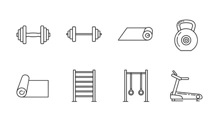 Collection of fitness equipment including dumbbells mat kettlebell ladder and treadmill workout items