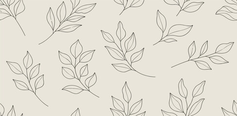Fototapeta premium Seamless pattern with one line leaves. Vector floral background in trendy minimalistic linear style.