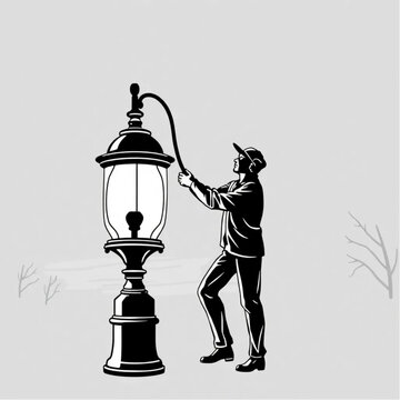 A lamplighter igniting gas lamps at dusk