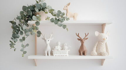 Modern Nursery Shelf with Soft Deer and Toys Decor