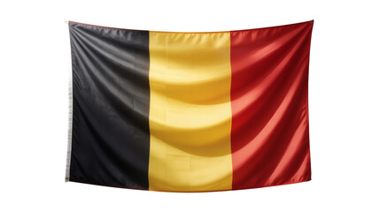 Naklejka premium A meticulously crafted, horizontally hanging image of the Belgian flag, showcasing its black, yellow, and red vertical stripes on a white background