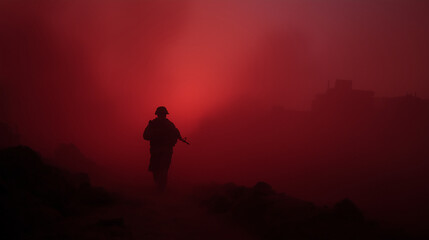 Fototapeta premium Silhouette of a soldier walking through red smoke at sunset: war scene with a foggy city