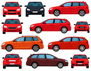 Naklejka premium Various car models shown in different angles, colors and body styles