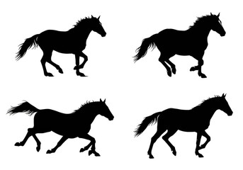 Isolated Silhouette of Four Horses Running with Abstract Black Background