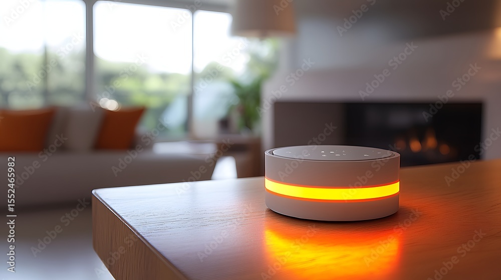 Poster a smart home device sits on a wooden table, illuminated with warm orange light. the background shows