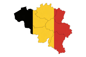 Obraz premium A stylized graphic map illustration of Belgium, filled with the national flag's distinct black, yellow, and red vertical colors on white