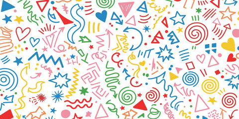 Naklejka premium Modern basic shapes set: star, arrow, triangle, circle, heart, zigzag, spiral, wavy lines. Trendy Memphis geometric pattern. Cool abstract background in retro 80s, 90s style. Cute kid doodle design