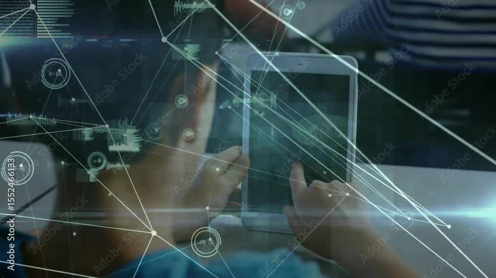 Poster child tapping tablet generating data network with nodes, bars illustrating technology data flow