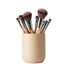 Isolated Makeup Brush Set in Beige Container with Transparent Background