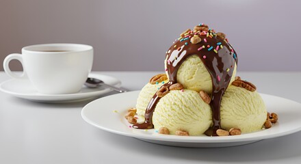 Indulge in the creamy delight of this decadent vanilla ice cream sundae, drizzled with rich chocolate and topped with colorful sprinkles and crunchy pecans, the perfect sweet treat for any occasion.