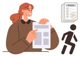 Young woman inspecting a document, stack of graded exams with A grade, and walking student icon. Ideal for education, success, learning, achievement, school progress aspiration. Represents a simple