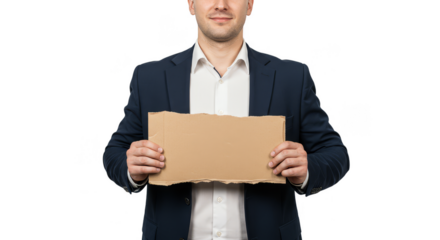 Man Hold Cardboard PNG Isolated Business Sign With Transparent BG