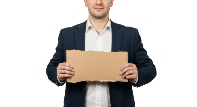 Man Hold Cardboard PNG Isolated Business Sign With Transparent BG
