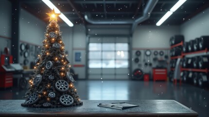 Christmas tree made of car parts stands in a car service shop. The background features tools and tires, creating a festive atmosphere for the New Year.