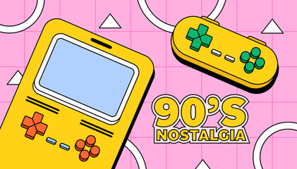 Yellow handheld gaming console and controller with a pink grid background and bold “90’s nostalgia” typography  for retro gaming, vintage tech background illustration or poster © Walt
