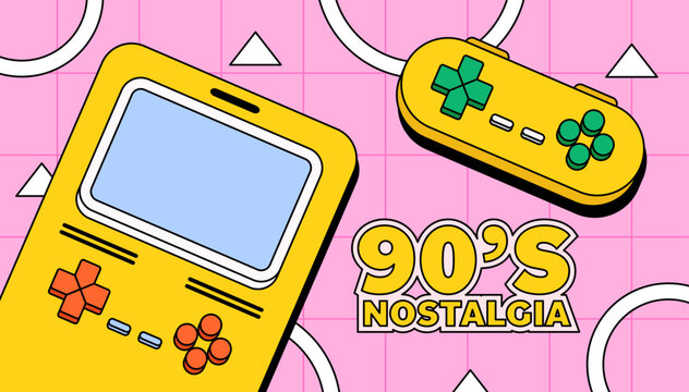 Yellow handheld gaming console and controller with a pink grid background and bold &ldquo;90&rsquo;s nostalgia&rdquo; typography  for retro gaming, vintage tech background illustration or poster