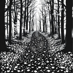 A forest trail carpeted with fallen autumn leaves