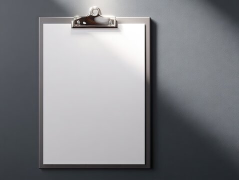 A blank white paper sits on a dark gray clipboard, illuminated by a shaft of light against a muted gray backdrop