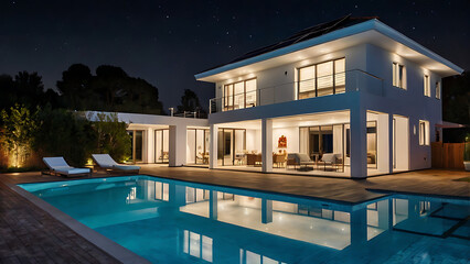 Fototapeta premium swimming pool at night, This high-quality 4K image captures the breathtaking exterior of a modern luxury villa under a starry night sky, where realistic lighting and reflections bring life. 4K image