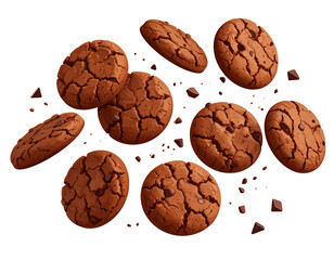 A scattering of chocolate chip cookies, some overlapping, with crumbs scattered amongst them