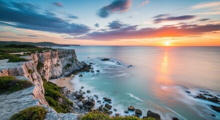 Breathtaking coastal cliffs bathed in the warm glow of a vibrant sunset over the sea
