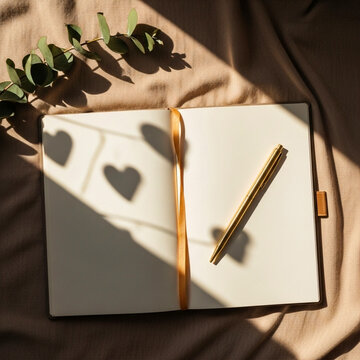 Open Journal and Gold Pen Heart Shadows with Eucalyptus Branch &ndash; Vintage Romantic Boho Vibe Square