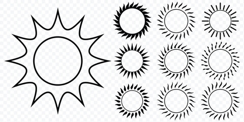 Collection of  sun icons with rays.  Sun simple icons collection.  sun icon set, sunshine and solar glow, sunrise or sunset.  Vector illustration.