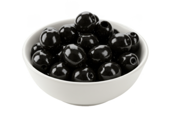 Isolated Transparent Background Image of Shiny Black Olives in White Bowl
