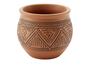 Isolated Transparent Background of Brown Ceramic Pot with Geometric Pattern