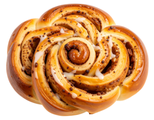 A glazed pastry shaped like a rose, filled with pecans and cinnamon, showcasing a spiral design