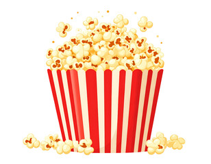 A red-and-white striped bucket overflowing with fluffy, buttery popcorn, some spilling out onto a surface