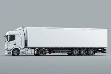 A clean, white, modern semi-truck and trailer unit, angled slightly to the left, sits against a neutral gray backdrop.  The trailer is a large, blank rectangular box