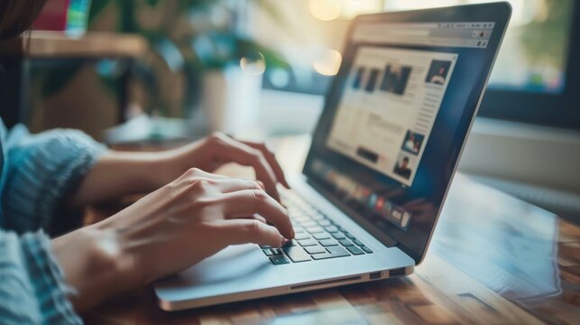 social media online content, freelance worker, working online, content creator, woman using laptop, man reading blog online on computer