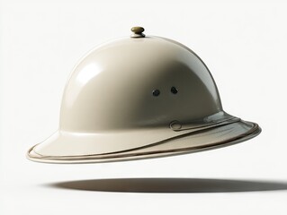 Fototapeta premium A cream-colored pith helmet with a wide brim, small knob atop, and subtle brown trim, floats against a bright white background, casting a slight shadow