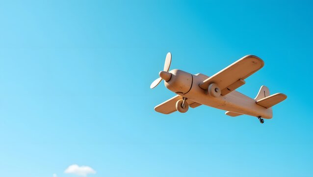 Wooden toy airplane soaring through a vibrant blue sky, a symbol of dreams and adventure, freedom and the joy of flight. A simple wooden plane against a clear sky. - Powered by Adobe