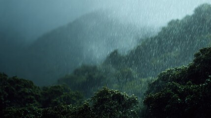 A Strong Rainstorm Soaking a Green Forest