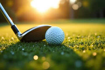 Golfing on a Sunny Day A Close Up of a Golf Ball and Club on a Green Course with Bokeh Sunlight