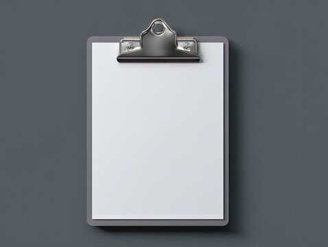 A dark gray clipboard with a blank white sheet of paper held in place by a silver clip, set against a matching dark gray background