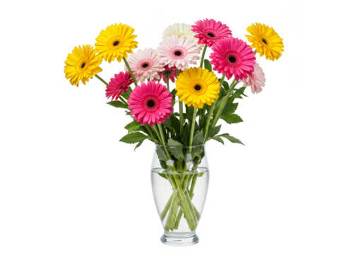 Isolated Transparent Background with Colorful Pink and Yellow Gerbera Bouquet