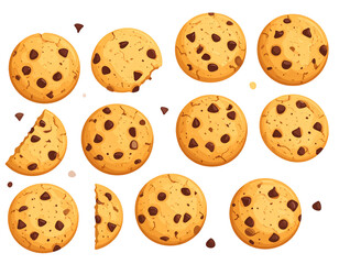 Obraz premium A collection of twelve chocolate chip cookies, some with bites taken out, shown against a black background