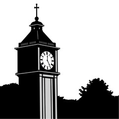 A clock tower chiming the evening hour at sunset