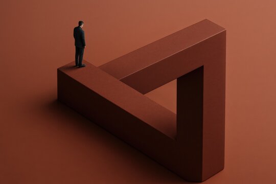 Terracotta Conundrum A Man Stands on a Brown Penrose Triangle Against a Matching Monochromatic Backdrop