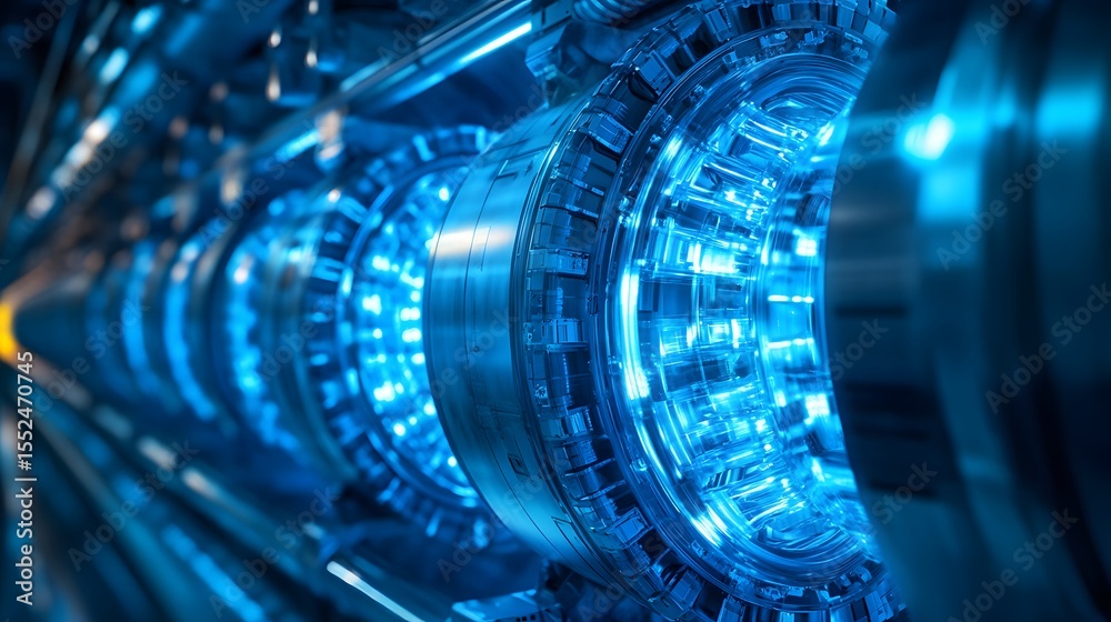 Poster close-up view of a fusion reactor's glowing core, showcasing advanced technology and potential for c