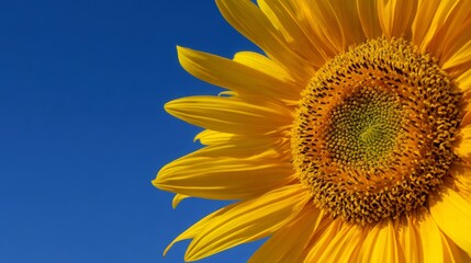 Naklejka premium Bright sunflower blooms against a clear blue sky in midday sun representing the beauty of nature in a peaceful setting
